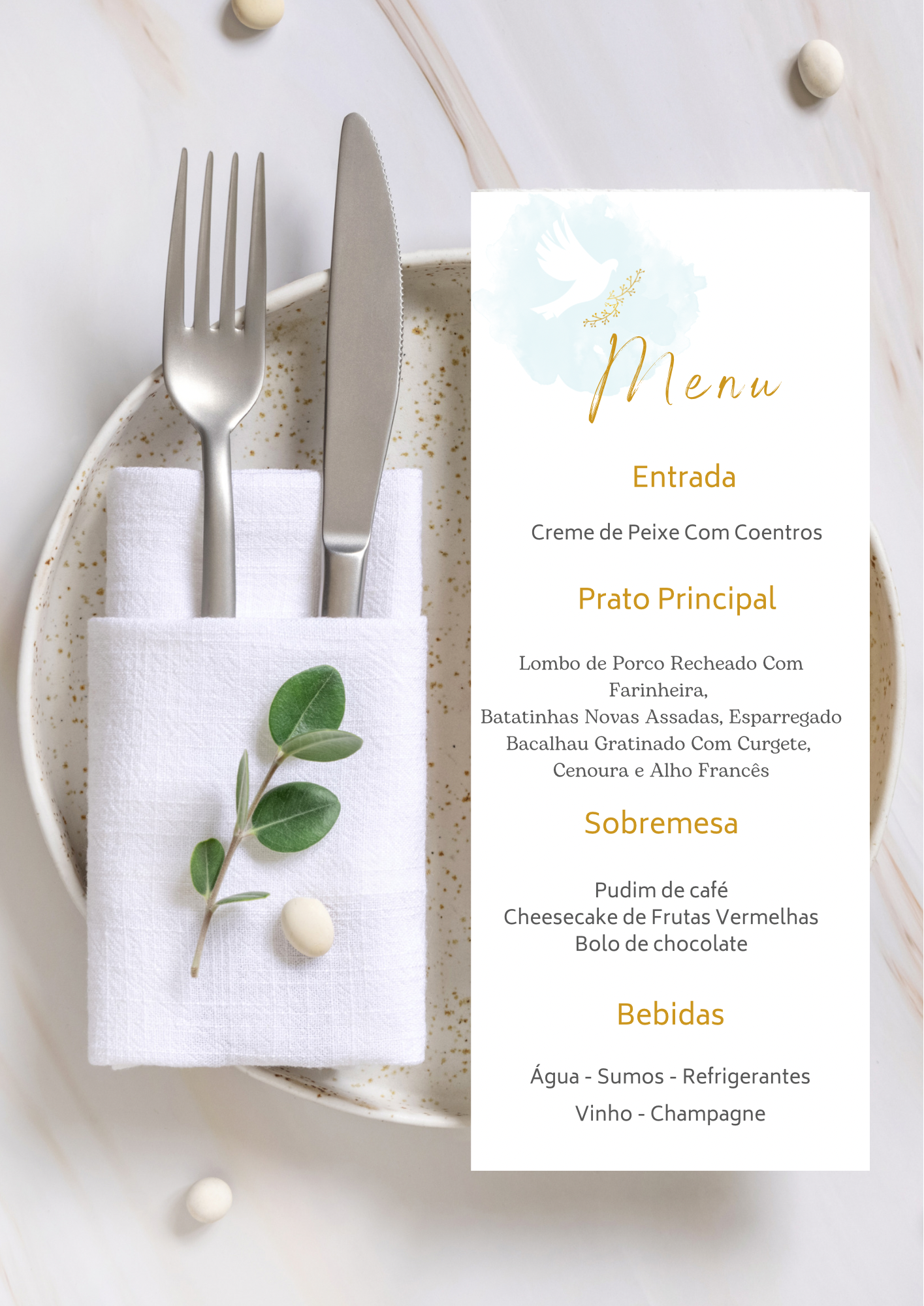 Menu - Tema Pomba Branca e Azul