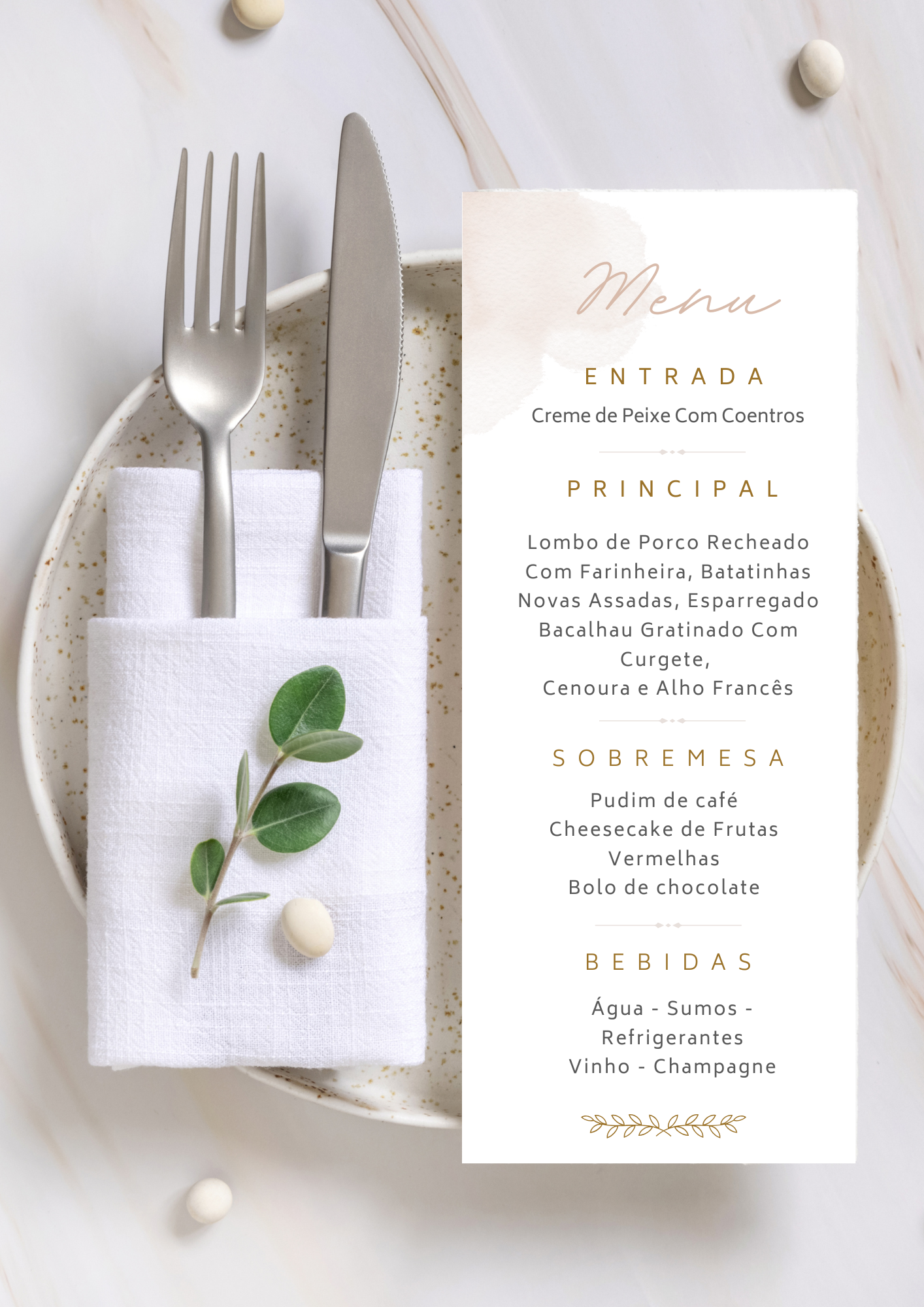 Menu - Tema Pomba Branca e Rosa