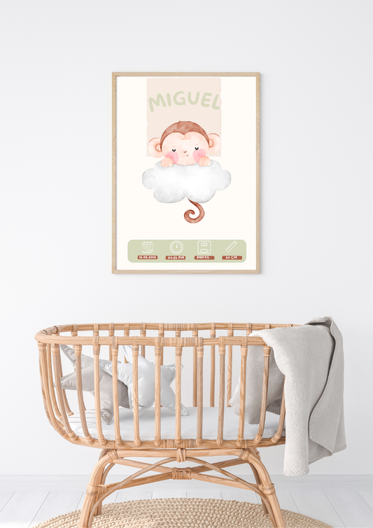Quadro de Nascimento - Tema Macaquinho nas Nuvens